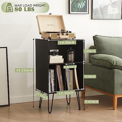 Record Player Stand with Vinyl Storage, Black, view 3