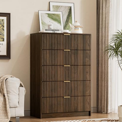 Walnut Dresser for Bedroom, Tall Dresser with 5 Drawers and Smooth Slides, view 2