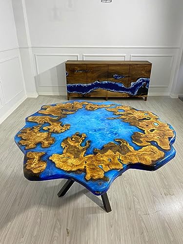 Customized Resin Epoxy Round Table Top, Unique Blue Ocean Look, Coffee Table Design, Resin Table, Luxury Decor Table, Walnut Table, Wooden Resin Table, (28.5" Inches Tall, 24 x 24 Inches)