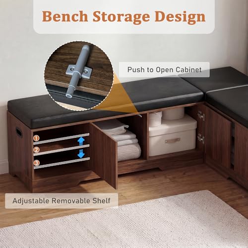Extendable Breakfast Nook Table Set with Storage Benches & Stools, 6-Piece Corner Dining Table Set, Kitchen Nook Table Set with Glass Holder for Small Space, Indoor/Outdoor Use (Black+Walnut)