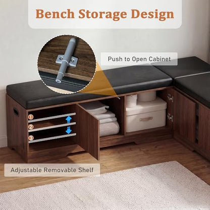 Extendable Breakfast Nook Table Set with Storage Benches & Stools, 6-Piece Corner Dining Table Set, Kitchen Nook Table Set with Glass Holder for Small Space, Indoor/Outdoor Use (Black+Walnut)
