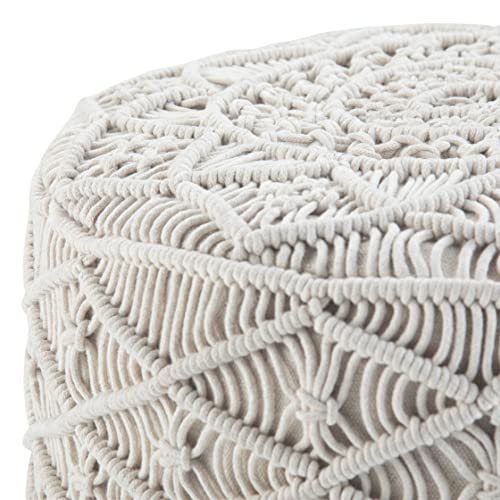Coates Round Pouf - 18 inch Wide Handwoven Cotton Macrame Ottoman in Cream, Boho Footstool, Decorative Pouf or Extra Seating for Living Room, Bedroom, or Kids Room, Assembled