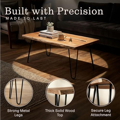 Live Edge Wood Coffee Table with Hairpin Metal Legs – Rustic Modern Farmhouse Living Room Table with Acacia Wood Top (42 Inch)