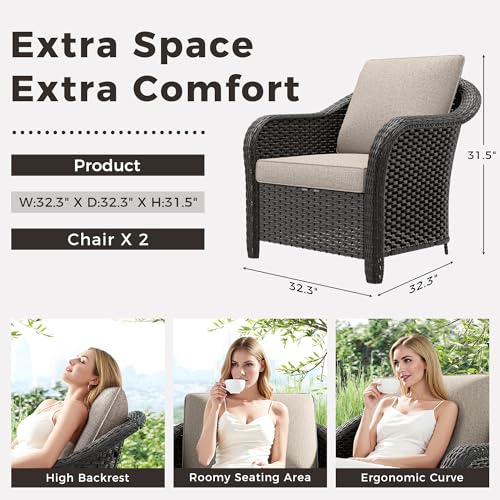 Patio PE Rattan Chairs Set of 2, All-Weather & Steel Frame Outdoor Conversation Furniture Set with Washable Cushions for Garden, Bistro, Deck, Yard (Beige)