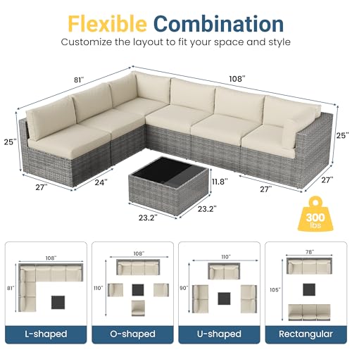 7 Pieces Wicker Outdoor Patio Furniture Set, Patio Sectional Sofa with Coffee Table, All-Weather Outdoor Sectional Furniture for Garden Backyard, Beige