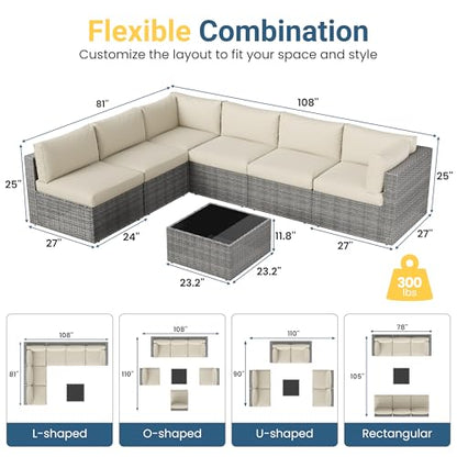 7 Pieces Wicker Outdoor Patio Furniture Set, Patio Sectional Sofa with Coffee Table, All-Weather Outdoor Sectional Furniture for Garden Backyard, Beige