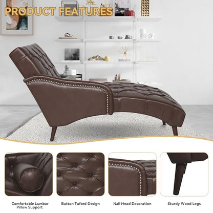 PU Leather Chaise Lounge Chair Indoor, Side Armrest, Dark Brown, view 6