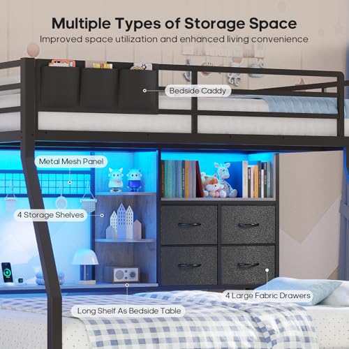 Full Over Full Bunk Beds with 4 Storage Drawers & Shelves & Bedside Caddy, Bunk Bed with Charging Station & LED Lights, Full Size Bunk Bed with Safety Guardrail & Angled Ladder, Black & Grey