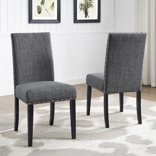 Biony Gray Fabric Dining Chairs with Nailhead Trim, Pack of 2