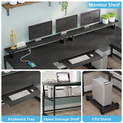 U Shaped Desk,101.5''Reversible L Shaped Home Office Desk with Drawer & Power Outlet,Computer Two Person Desk with Monitor Shelf, Keyboard Tray, Black