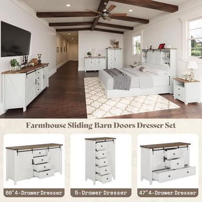 31.5" Farmhouse 5-Drawer Dresser with Barn Doors, Distressed White, view 8