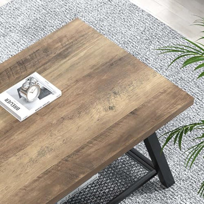 Coffee Table with Storage, Modern Rustic Wood and Metal Coffee Tables for Living Room, Industrial 2-Tier Center Tea Cocktail Table, Oak, 47 Inch