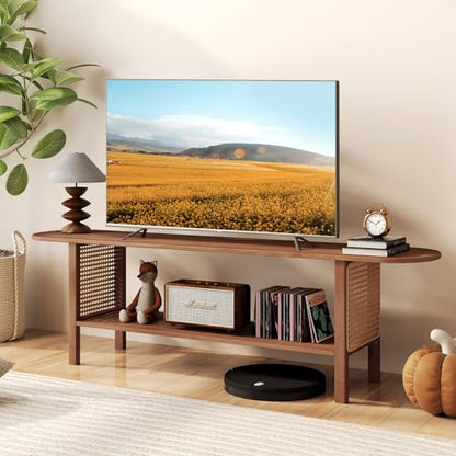 Bamboo TV Stand with Storage for TVs up to 65", Modern Entertainment Center with Rattan Side, Accent TV Table with 2 Shelf, Media Console TV Stand for Living Room, Bedroom, Walnut