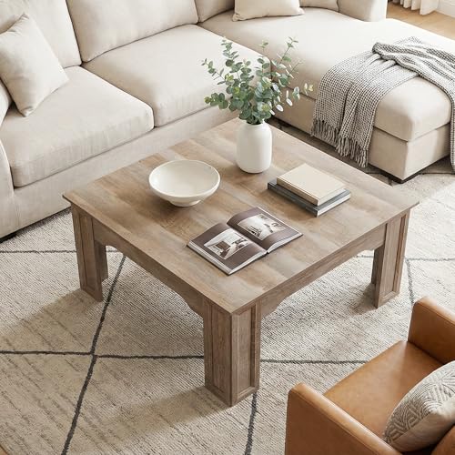 Square Coffee Table for Living Room, 39.4'' Farmhouse Wood Grain Finish Coffee Table with Carved Legs, Rustic Simple Style Center Table, Easy Assembly, Grey Wood
