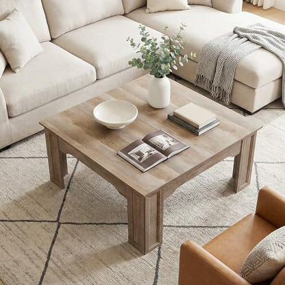 Square Coffee Table for Living Room, 39.4'' Farmhouse Wood Grain Finish Coffee Table with Carved Legs, Rustic Simple Style Center Table, Easy Assembly, Grey Wood