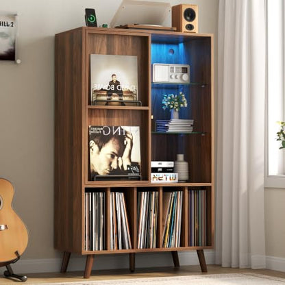 Large Record Player Stand w/Power Outlet & LED Lights, Holds Up 350+ Albums, view 2