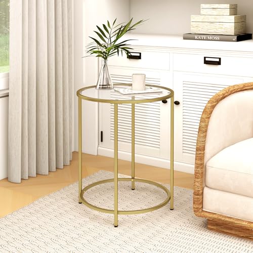 Round Side Table, Modern Style Coffee Table, Sofa Table, Table with Metal Shelves and Glass Top, End Table for Living Room, Bedroom, Balcony, Patio, (H) 25.59 inch× (D) 19.69 inch, Gold