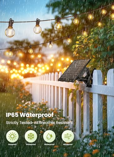 58FT Solar String Lights Outdoor with Remote Cable Ties Hooks, 26 LED Shatterproof Bulbs, 3 Light Modes, Dimmer & Timer, Commercial Grade Patio Lights for Yard Balcony Pergola Party Decor