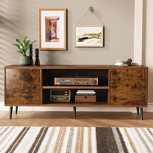 TV Stand for 65 Inch TV, Mid Century Modern TV Stand, Entertainment Center with Storage Cabinet and Open Shelves, TV Console Table Media Cabinet for Living Room, and Bedroom (Rustic Brown)