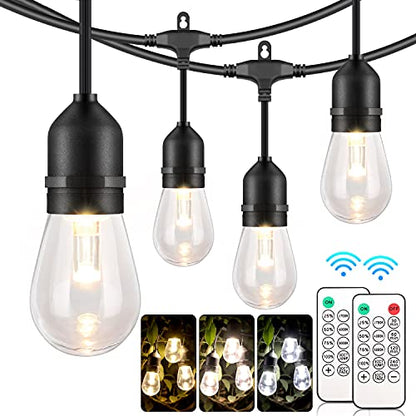 3 Color Outdoor LED Dimmable String Lights for Patio with Remote, Plug in 48FT Waterproof Shatterproof Edison Bulb Lights for Bistro Pergola