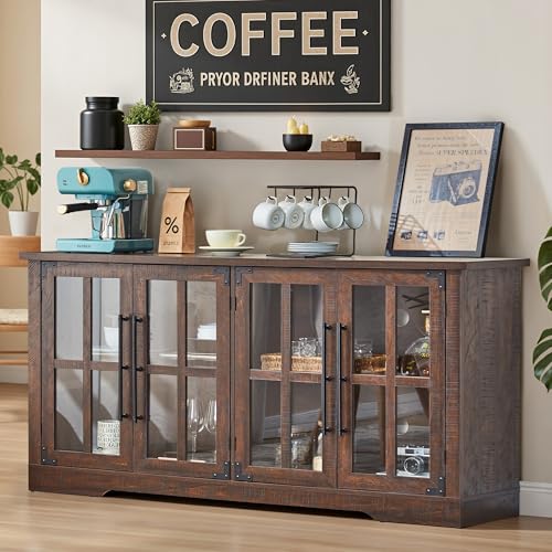 Farmhouse 63" Buffet Sideboard Cabinet with Glass Door, Brown, view 2