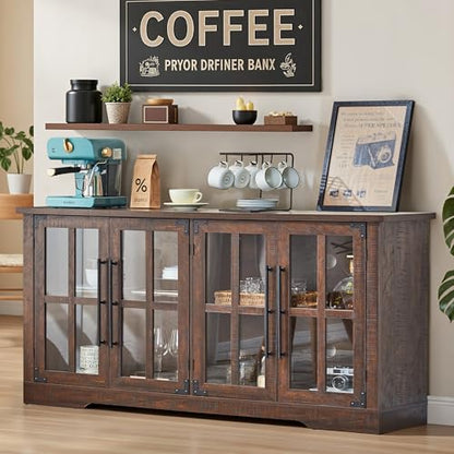 Farmhouse 63" Buffet Sideboard Cabinet with Glass Door, Brown, view 2