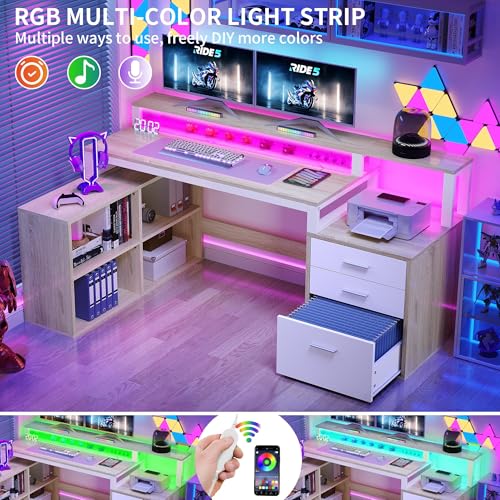 L Shaped Desk with Drawers, 65" Computer Desk with Power Outlets & LED Lights, Corner Home Office Desk with Storage Shelves & Printer Stand, White & Oak