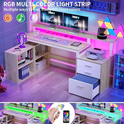 L Shaped Desk with Drawers, 65" Computer Desk with Power Outlets & LED Lights, Corner Home Office Desk with Storage Shelves & Printer Stand, White & Oak