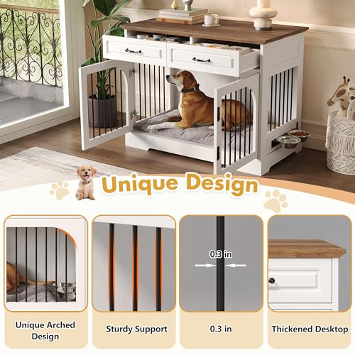 43.3" Farmhouse Dog Crate Furniture with Rotating Bowls & Drawers – Wooden, view 5