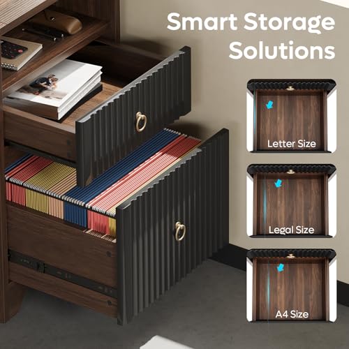 55 Inch Computer Desk with Keyboard Tray, Modern Office Desk with Storage, Wood Writing Desk with File Drawer, Fluted Panel & 2 Hooks for Home Office & Studio, Cherry