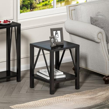 Farmhouse End Table Set of 2, Rustic Vintage Nightstand Side Table with Shelf for Living Room, Black