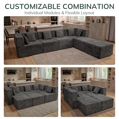 Modular Sectional Cloud Couch for Living Room - 130'' 6 Seater Convertible Chenille Couches Set with Ottoman, No Assembly Compression Sofas, Comfy Floor Sofa with Memory Foam, Grey