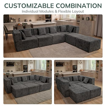 Modular Sectional Cloud Couch for Living Room - 130'' 6 Seater Convertible Chenille Couches Set with Ottoman, No Assembly Compression Sofas, Comfy Floor Sofa with Memory Foam, Grey
