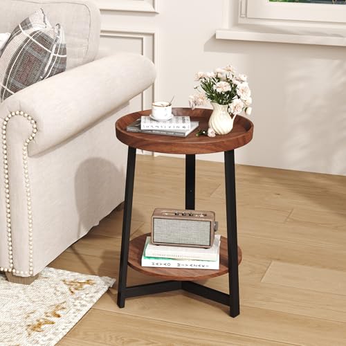 Industrial 2 Tier Round Side Table with Storage Shelf,Accent Tray End Table with Triangular Metal Support, Nightstand Bedside Sofa Table for Living Room, Bedroom, Balcony, Cherry