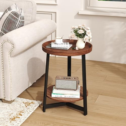 Industrial 2 Tier Round Side Table with Storage Shelf,Accent Tray End Table with Triangular Metal Support, Nightstand Bedside Sofa Table for Living Room, Bedroom, Balcony, Cherry