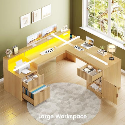 66" Modern L Shaped Desk with Drawers, Fluted Home Office Desk with File Cabinet and Printer Shelf, Wood Executive Desk with Monitor Stand, Power Outlets, Led Lights, Oak