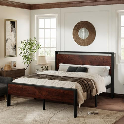 Queen Size Bed Frame, Heavy Duty 12 Metal Slats Support, Mahogany, view 4