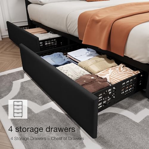 King Size Bed Frame with 4 Storage Drawers and Adjustable Headboard, view 5