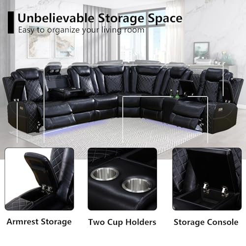 Black Leather Power Reclining Sectional Sofa,Sectional Couch with Recliner,L Shaped Recliner Sofa with LED Light/Read Lamp/Storage Console/USB Port for Living Room/Home Theater/Apartment