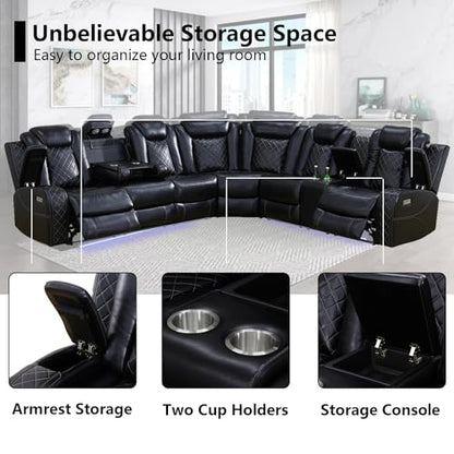 Black Leather Power Reclining Sectional Sofa,Sectional Couch with Recliner,L Shaped Recliner Sofa with LED Light/Read Lamp/Storage Console/USB Port for Living Room/Home Theater/Apartment