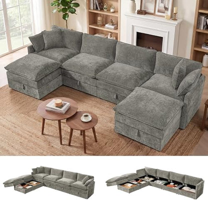 Modular Sectional Sofa with Storage Ottomans,134" U-Shaped Cloud Couch,Comfy Modern Couches with Pillows & Upholstered Deep Seat Cushion for Apartment Living Room Bedroom（Gray）