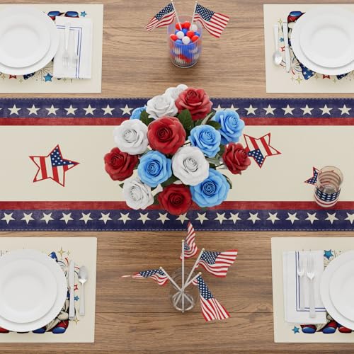 Gnome Stars Patriotic America Memorial Day 4th of July Table Runner Table Decoration for Party Home Kitchen Dining Holiday Decor 13x72 Inch