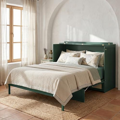 JIVOIT Queen Size Murphy Bed with Large Drawers, Solid Wood Murphy Bed Chest with Rattan Patterned Designs, Multi-Function Design for Guest Room Small Room