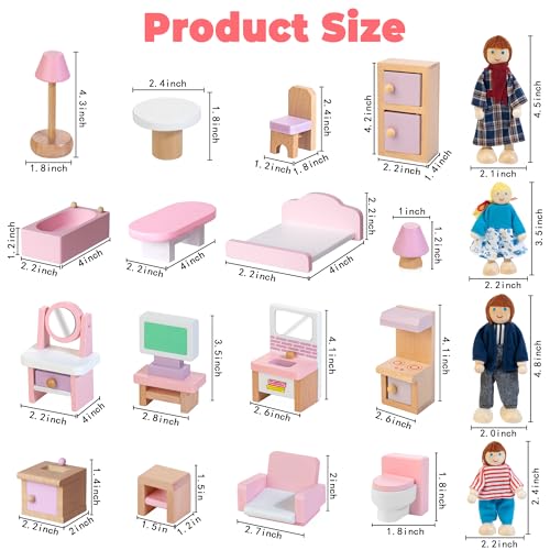 Wooden Dollhouse Furniture Set with 4 Family Dolls, 26 Pcs Pretend Play Dollhouse Accessories for 4 Rooms, Pink Furniture Toys Birthday Gifts for Girls Boys Age 3+