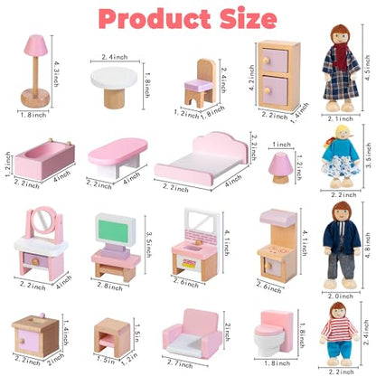 Wooden Dollhouse Furniture Set with 4 Family Dolls, 26 Pcs Pretend Play Dollhouse Accessories for 4 Rooms, Pink Furniture Toys Birthday Gifts for Girls Boys Age 3+