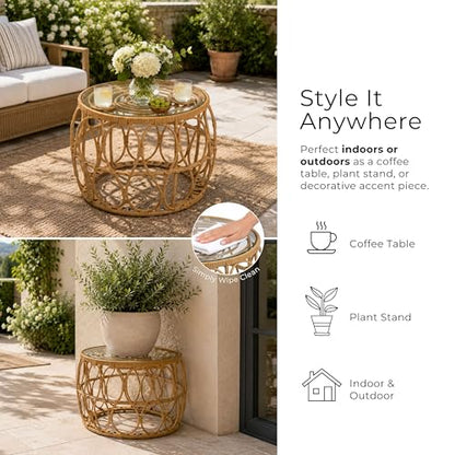Furniture of America Ysar Boho Rattan Round Coffee Table Outdoor with 5mm Tempered Glass Top, All-Weather and Rust Resistant Patio Furniture