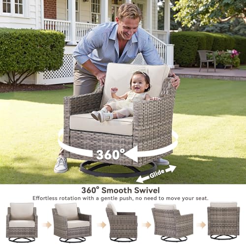 Patio Furniture Set with 42.5" Fire Pit Table-6 Pieces All Weather Wicker Outdoor Furniture with High Back Swivel Patio Chairs Set of 2 Outdoor Couch for Deck Backyard Beige/Gray