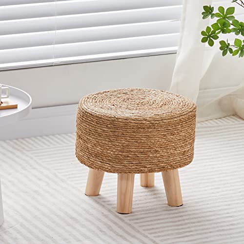 Foot Stool Natural Seagrass Hand Weave Poufs Round Ottoman for Couch Desk Soft Step Stool Padded Foot Rest with Non-Skid Pine Legs for Hallway Office Lounge Natural