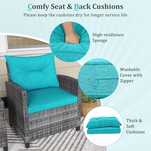 3 Piece Patio Furniture Set, Outdoor PE Rattan Conversation Set with Washable Cushions & Tempered Glass Tabletop, Wicker Chairs and Table Set for Porch, Garden, Balcony (Turquoise)