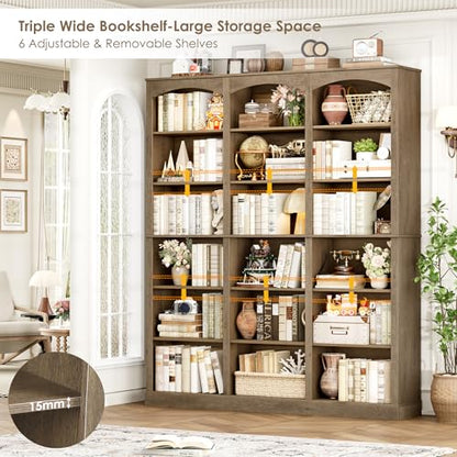 71" Triple Wide Bookshelf, 6 Tier Tall Bookshelf, Large Arched Bookcase with Curved Baffle, 63.4" Wide Book Shelf with 18 Open Display Shelves for Living Room, Study, Phoebe Zhennan